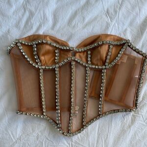 Camila Coelho Tan Crystal-Embellished Mesh Corset Crop Top